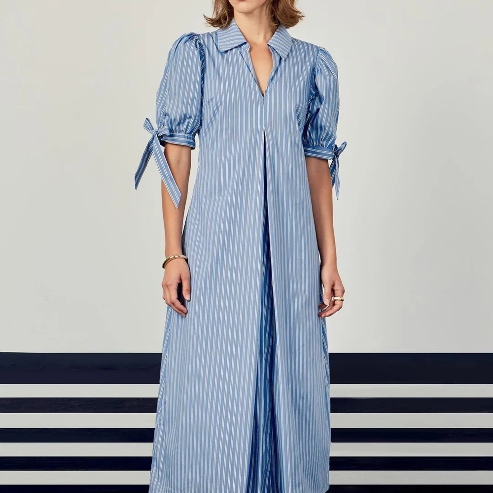 English Factory NWOT Size 1X Powder Blue Striped Godet Midi Dress - Picture 6 of 7